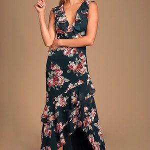 Dark Green Floral Print High-Low Maxi Dress